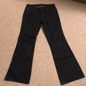 Dark wash bootcut jeans, work appropriate